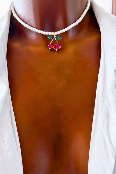 PETEK AKSESUAR Women's White Pearl Cherry Choker Collar Necklace