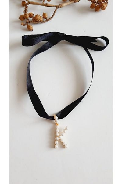 PETEK AKSESUAR K Letter Style Pearl Ribbon Choker Necklace
