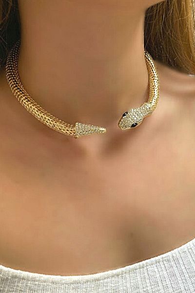 PETEK AKSESUAR Stone Snake Choker Necklace Gold