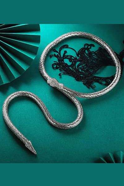PETEK AKSESUAR Stoned Snake Detailed Long Necklace Silver