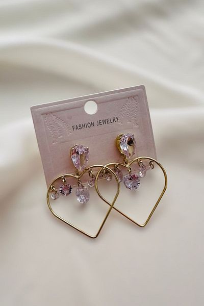 PETEK AKSESUAR 4 CM Wide Chandelier Rhinestoned Heart Earrings