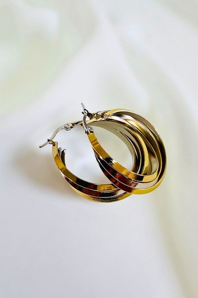 PETEK AKSESUAR Stainless Steel 3 Sira Hoop Earrings