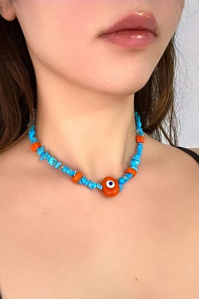 PETEK AKSESUAR Turquoise Orange Glass Natural Stone Necklace with Evil Eye