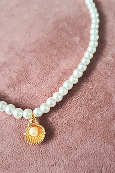 PETEK AKSESUAR Kadın Beyaz Incili Deniz Kabuğu Choker Tasma Kolye