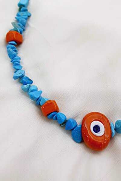 PETEK AKSESUAR Firuze Doğaltaş Turuncu Cam Nazar Göz Tasarım Kolye