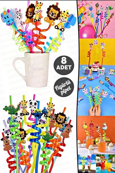 ASPARTAM 8 Pieces of Straw with Cute Animal and Fruit Figures for Party