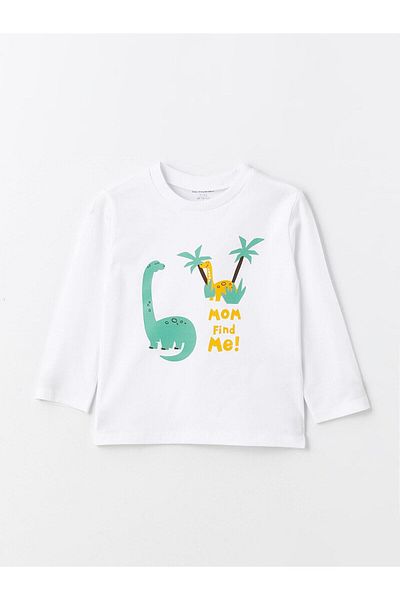 LC Waikiki Buxe White - Crew Neck and Long Sleeve Printed Baby Boy T-Shirt