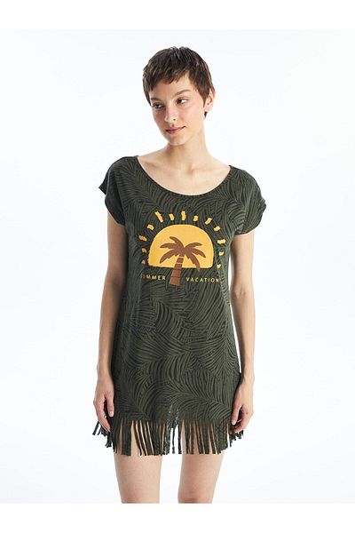 LC Waikiki Γυναικείο φόρεμα παραλίας Crew Neck Printed Khaki - Κοντό μανίκι