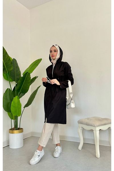 Tesettür Diyarı Women's Black Trench Coat - Zippered, Rubber Waist Detail and Hoodie
