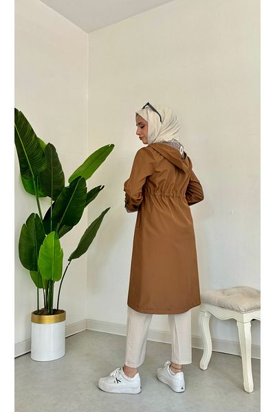 Tesettür Diyarı Brown Hooded Trench Coat - Zippered and Waist Elastic