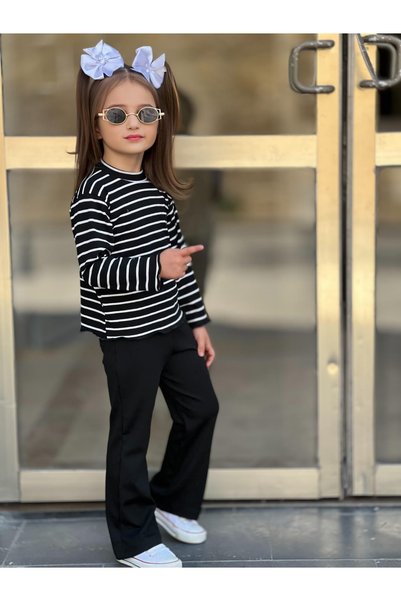 KTT TEKSTİL Girls' Corduroy Long Sleeve Top and Black Spanish Pants Set