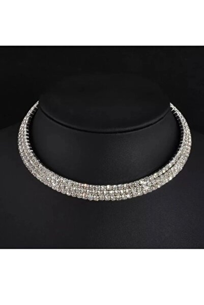 TakıConcept Kristal Taşlı Choker Boyun Kolye 3 Sıra, Abiye Kolye, Taşlı Kolye