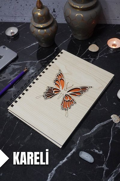 markcat Butterfly Themed Notebook with Wooden Cover - Checked Agenda and School Notebook (A5 - 120 Pages)