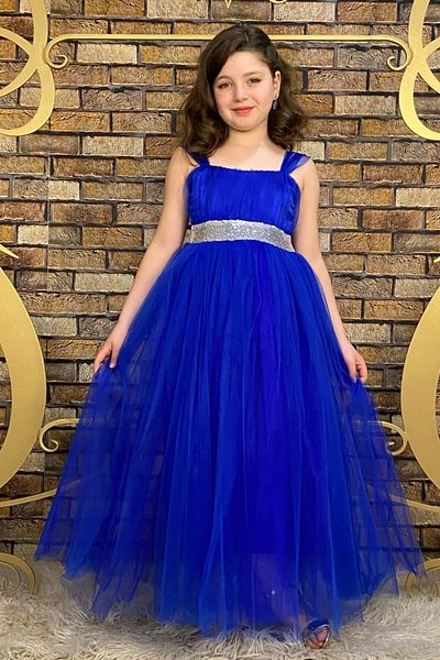 ABİYEKİDS Цяла дълга рокля Saksmavi - Детска вечерна и парти рокля, с пайети ABY4456