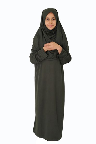 ZEHRANAZ NAMAZ ELBİSESİ فستان صلاة كاكي داكن للأطفال بعمر 9/12 سنة - بدون سحاب