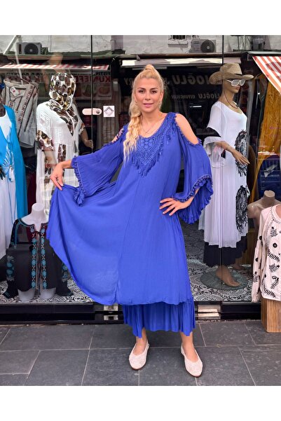Sosyete Kaplumbağa Authentic Voile Cotton Pompom Sleeve Parliament Blue Maxi ...