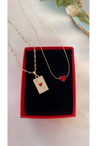 Asia by Leuvoié Kırmızı Mineli Kupa As ve Kırmızı Kalp Kolye 2li Set