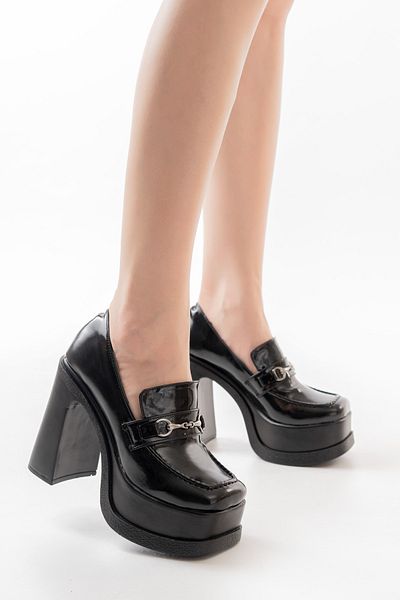 asmi shoes Mocasnic de damă Mila cu cataramă subțire din piele lacuită neagră model 12 cm pantofi cu toc cu platformă
