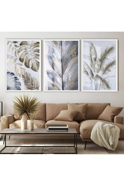 Harikabirev HARİKABİREV | COMBINAT DE FRUNZE TROPICALE | TABLO DE STICLA CU CADRU 3 PIESE VERTICAL