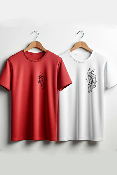 UNIQUE DESIGN Lion Couples Printed - Κόκκινο και Λευκό Oversize Συνδυασμός