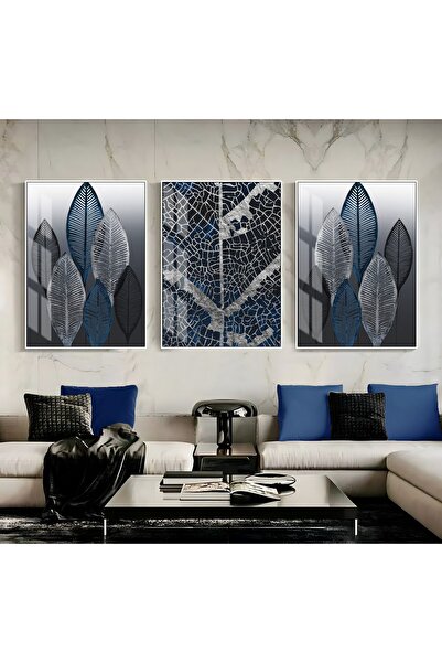 Harikabirev HARİKABİREV|LACİVERT-GÜMÜŞ 9 ŞIK SOYUT VE YAPRAK |ÇERÇEVELİ TEMPE...