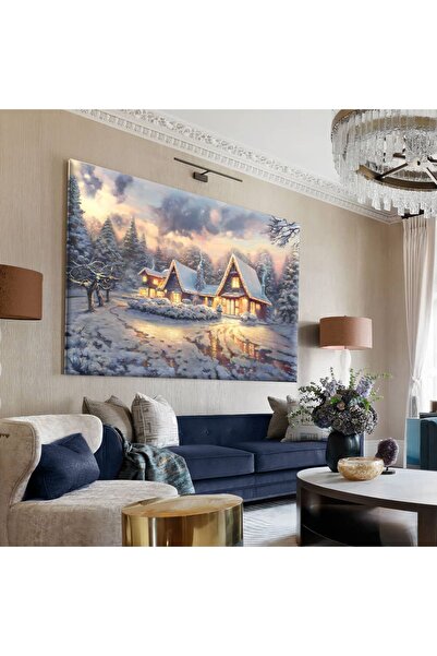 Harika bir ev HARİKABİREV|Mavi-Beyaz-Sarı Kar Manzarali Ev Tablosu |TEKLİ ÇER...