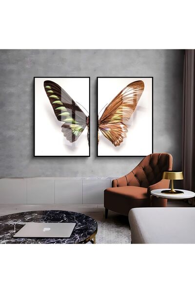 Harikabirev HARİKABİREV | COMBINAT DE ARIPI DE FLUTĂ DE AUR ALB 01 | TABLO DE STICLA CU CADRU 2 PIESE VERTICAL