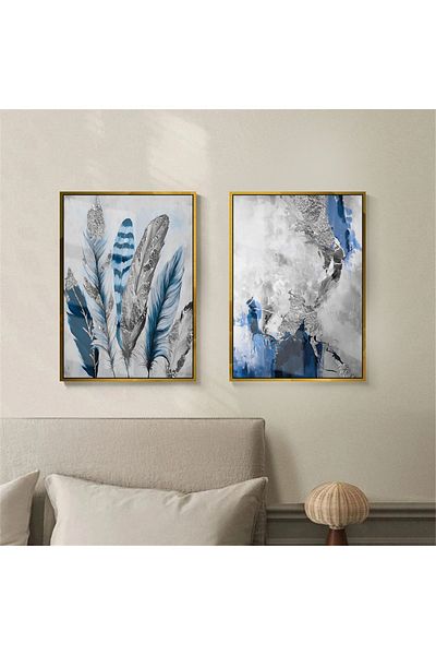 Harikabirev | navy blue Ασημί Συνδυασμός Navy Blue Feather And Left | πλαίσιο Τραπέζι από σκληρυμένο γυαλί 2 τεμαχίων κάθετο