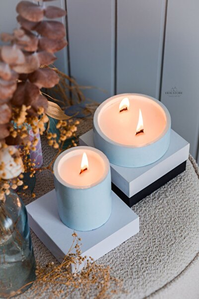 ersustore 2li Mavi Renk Soya Wax Amber Vanilya Kokulu Dekoratif Hediyelik 2li Beton Saksı