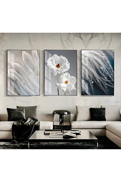 Harika bir ev | Navy Blue-Gray Combination Feather Abstract | Framed Tempered...