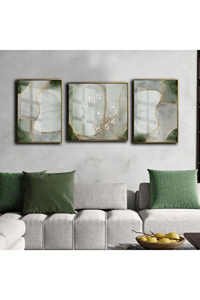 Harikabirev HARİKABİREV|ZÜMRÜT YEŞİL-GOLD-GRİ SOYUT DESENLİ SETİ|ÇERÇEVELİ SAATLİ CAM TABLO