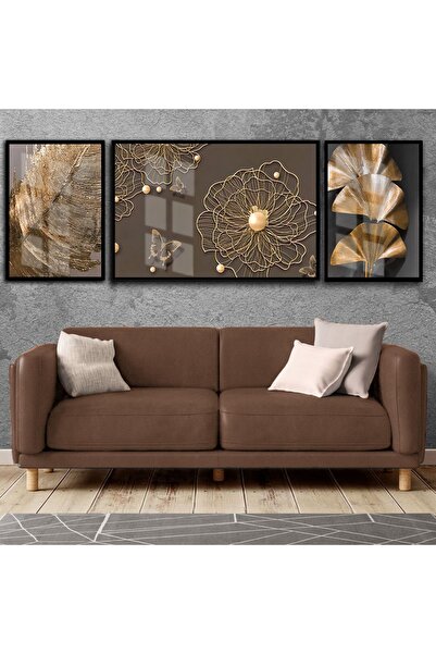 Harikabirev Gold-kahverengi Soyut Ve Çiçek Kombini Kabartmasız |çerçeveli Tem...
