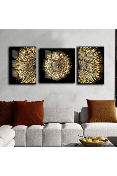 Harikabirev HARİKABİREV|SEVİLEN GOLD-SİYAH SOYUT KOMBİNİ KABARTMASIZ |ÇERÇEVELİ SAATLİ CAM TABLO