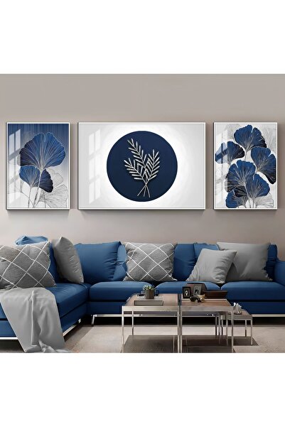 Harika bir ev |lacivert-gri Kombini Sonsuzluk Çiçeği Soyut|çerçeveli Temperli...