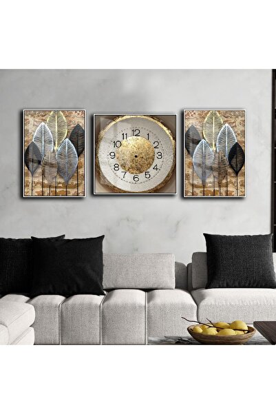 Harikabirev HARİKABİREV|SİYAH-GOLD YAPRAK DESENLİ KOMBİN MODELİ 01 |ÇERÇEVELİ SAATLİ CAM TABLO