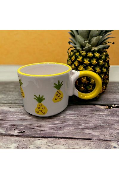 İZart Pineapple Patterned Custom Embossed Hand-Embroidered Ceramic Mug