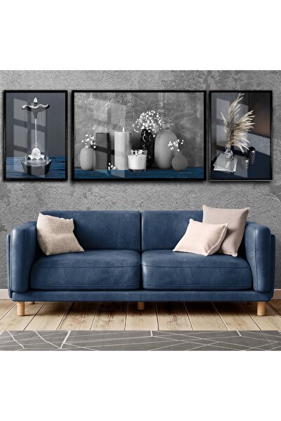 Harikabirev |lacivert-gri Kombini Mum-tütsü|çerçeveli Temperli Cam Tablo 3lü ...
