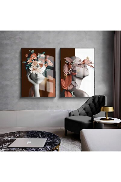 Harikabirev HARİKABİREV | COMBINAT DE ABASTELE DE FEMEI CU FLORI 1 | TABLO DE STICLA CU CADRU 2 PIESE VERTICAL