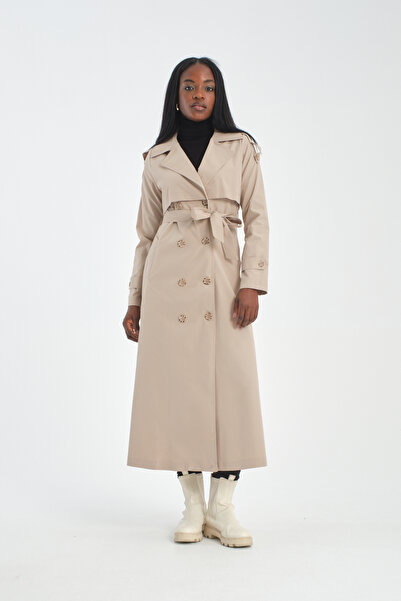 Soydan Güner Su Iticili Kırışmaz Yazlık Uzun Astarsız Kruvaze Yazlık Trençkot Taş 7650