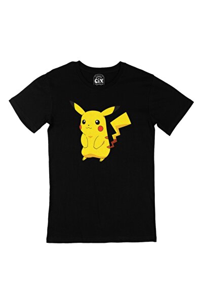 Cix تي شيرت أسود مع تصميم شعار جيب بيكاتشو الخجول