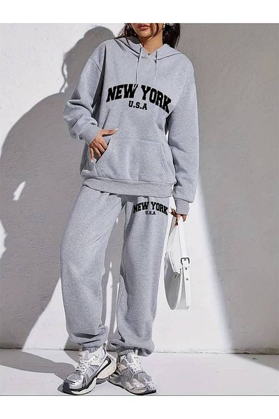 AVOGADRO New York Usa Printed Oversize Women's Tracksuit Set - Hooded
