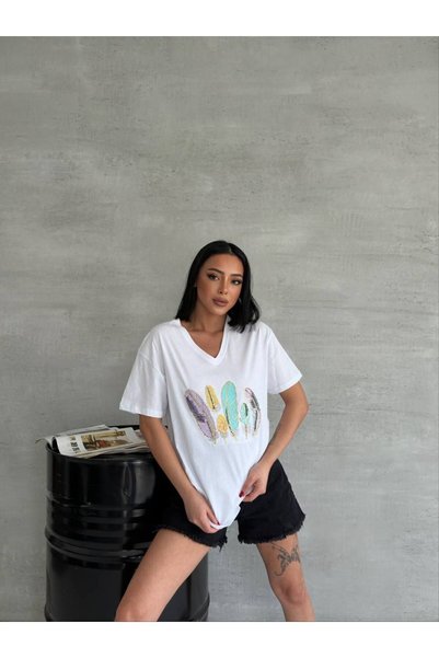 DUAZ White V-Neck T-Shirt - Gold Sequin Embroidered, 100% Cotton