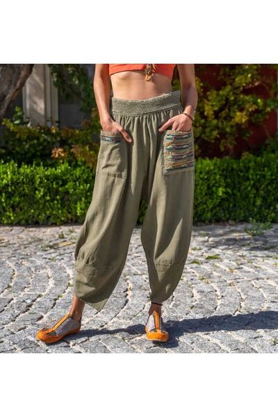 pier moda Pantaloni largi verde kaki brodați în stil boem - țesut 100% bumbac, culoare yoga