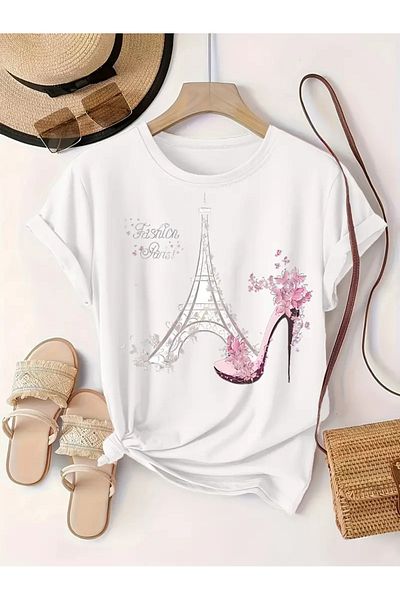 Pink Sky Eiffel Tower and Crew Neck Printed Unisex Oversize T-Shirt