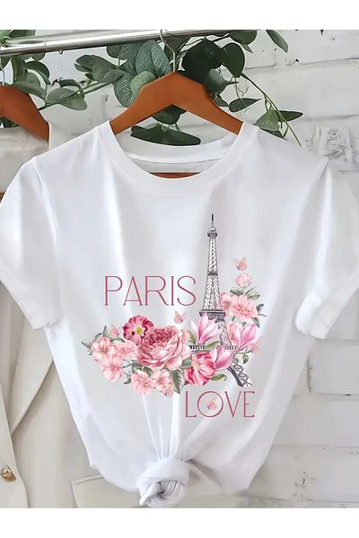 Pink Sky Tricou unisex oversize cu decolteu rotund cu imprimeu Paris