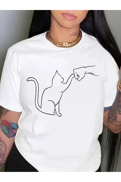 Pink Sky Μπλουζάκι με στάμπα Cat Unisex Oversize Crew Neck