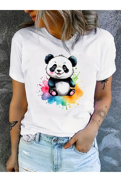 Pink Sky Μπλουζάκι Unisex Oversize Crew Neck Panda με στάμπα