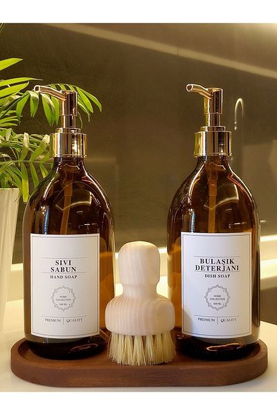 Reoona White Gold Liquid Soap Dishwashing Liquid Bottle Set with Oval Stand Brush