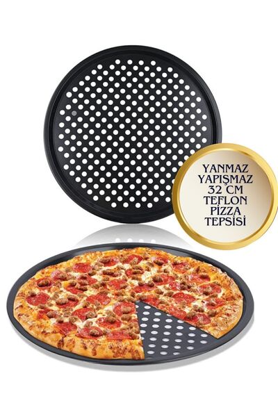 BRE HOME 32 Cm Delikli Teflon Pizza Tepsisi | Yanmaz Yapışmaz | Fırın Kabı