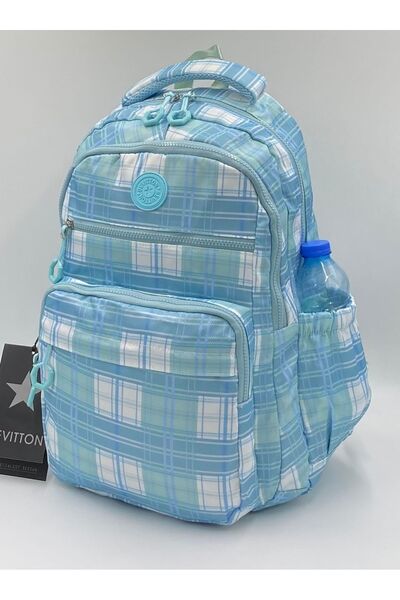 Bevitton Özel Su Itici Kumaş Ekose Mavi Unisex Okul Sırt Çantası A3113